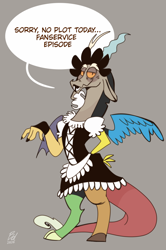 Size: 1024x1541 | Tagged: safe, artist:gissel00001, artist:opossum-stuff, imported from derpibooru, discord, draconequus, beige background, clothes, crossdressing, gray background, maid, maid discord, male, simple background, solo, speech bubble