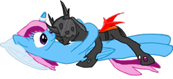 Size: 1280x590 | Tagged: safe, artist:toby the changeling, artist:tobythechangeling, imported from derpibooru, oc, oc only, oc:parcly taxel, oc:toby, oc:tobythechangeling, alicorn, changeling, pony, alicorn oc, cuddling, female, horn, lying down, mare, on back, orange changeling, pillow, simple background, transparent background, wings