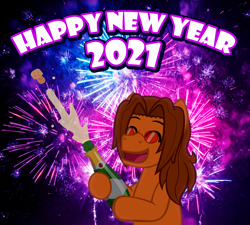 Size: 1280x1154 | Tagged: safe, artist:aha-mccoy, imported from derpibooru, oc, oc only, oc:aha mclovin, pegasus, pony, nopony-ask-mclovin, alcohol, champagne, eyes closed, fireworks, happy new year, happy new year 2021, holiday, male, new year, solo, stallion, sunglasses, wine