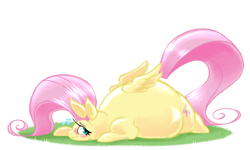 Size: 1800x1080 | Tagged: dead source, safe, artist:strawberrytir4misu, imported from derpibooru, fluttershy, pegasus, pony, belly, big belly, blushing, fat, fattershy, female, lying down, mare, prone, simple background, solo, white background, ych example, your character here