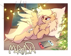 Size: 1107x878 | Tagged: safe, artist:kejifox, imported from derpibooru, oc, oc only, oc:mirta whoowlms, pegasus, pony, chest fluff, christmas, christmas tree, holiday, nintendo switch, solo, string lights, tree, window