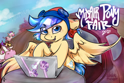 Size: 1024x683 | Tagged: safe, artist:midnightpremiere, imported from derpibooru, starlight glimmer, oc, oc:hors, cow, pony, car, computer, convention, laptop computer, long glimmer, long pony, long starlight, mascot, midair pony fair