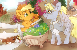 Size: 1024x663 | Tagged: safe, artist:midnightpremiere, imported from derpibooru, applejack, derpy hooves, winona, dog, earth pony, pegasus, pony, food, muffin, sweet apple acres