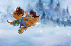 Size: 1024x663 | Tagged: safe, artist:midnightpremiere, imported from derpibooru, oc, oc only, oc:sparrow, pegasus, pony, clothes, commission, dock, earmuffs, eyes closed, flying, jacket, scarf, scenery, smiling, snow, solo, spread wings, wings, winter