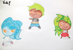 Size: 2968x2021 | Tagged: safe, artist:sonatablaze, imported from derpibooru, oc, oc:midnight premier, oc:sloppy smile, oc:watermelon splash, human, humanized, moderate dark skin, traditional art