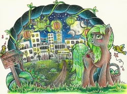 Size: 800x593 | Tagged: safe, artist:singyoursong13, imported from derpibooru, oc, oc only, oc:watermelon splash, pony, city, complex background, food, solo, traditional art, watermelon