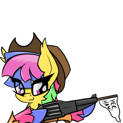 Size: 4500x4500 | Tagged: safe, artist:flywheel, imported from derpibooru, oc, oc only, oc:fiesta, pony, cowboy hat, gun, hat, iawtc, mascot, simple background, solo, transparent background, weapon