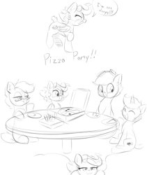 Size: 1991x2362 | Tagged: safe, artist:taurson, imported from derpibooru, oc, oc:blazing beams, oc:coffee, oc:hors, pony, food, monochrome, pizza, simple background, sitting, sketch, table, white background