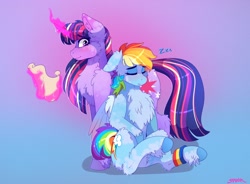 Size: 2934x2160 | Tagged: safe, artist:aaa-its-spook, imported from derpibooru, rainbow dash, twilight sparkle, alicorn, pegasus, pony, backwards cutie mark, chest fluff, cutie mark, eyes closed, female, females only, fluffy, leg band, lesbian, magic, mare, scroll, shipping, sleeping, telekinesis, twidash, twilight sparkle (alicorn)