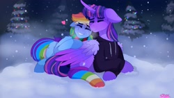 Size: 3840x2160 | Tagged: safe, artist:aaa-its-spook, imported from derpibooru, rainbow dash, twilight sparkle, alicorn, pegasus, pony, blouse, christmas, christmas tree, clothes, eyes closed, female, females only, holiday, hug, lesbian, mare, rainbow socks, shipping, snow, snowfall, socks, striped socks, tree, twidash, twilight sparkle (alicorn), winter