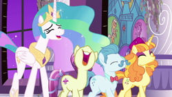 Size: 1920x1080 | Tagged: safe, imported from derpibooru, screencap, annoyed delegate, fleur de verre, princess celestia, tropical dream, alicorn, crystal pony, earth pony, pony, unicorn, a royal problem, cirrus slate, faic, female, laughing, male, mare, stallion