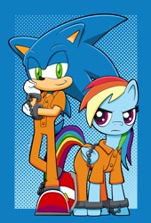Size: 2262x3321 | Tagged: safe, artist:tylerbucket, imported from derpibooru, rainbow dash, bound wings, chained, clothes, cuffs, duo, frustrated, prison outfit, prisoner rd, sonic the hedgehog, sonic the hedgehog (series), wings