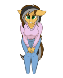 Size: 1250x1550 | Tagged: safe, artist:sufficient, imported from derpibooru, oc, oc only, oc:steaming stove, anthro, bedroom eyes, breasts, clothes, jeans, leaning forward, pants, simple background, smiling at you, sweater, white background
