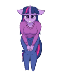 Size: 1250x1550 | Tagged: safe, artist:sufficient, edit, imported from derpibooru, twilight sparkle, anthro, unicorn, bedroom eyes, breasts, busty twilight sparkle, clothes, jeans, leaning forward, pants, simple background, smiling at you, solo, sweater, unicorn twilight, white background