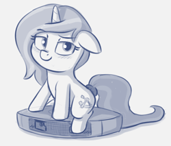 Size: 838x713 | Tagged: safe, artist:heretichesh, imported from derpibooru, oc, oc:zew, pony, robot, unicorn, blushing, female, filly, ponies riding roombas, riding, roomba, smug, tail wrap