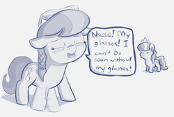 Size: 1159x785 | Tagged: safe, artist:heretichesh, imported from derpibooru, diamond tiara, silver spoon, earth pony, pony, blushing, dialogue, diamond tiara is not amused, duo, eyes closed, female, filly, floppy ears, glasses, jewelry, johnny bravo, missing accessory, monochrome, oh no, open mouth, speech bubble, text, tiara