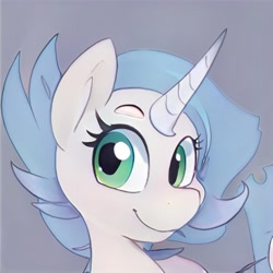 Size: 1024x1024 | Tagged: safe, artist:thisponydoesnotexist, imported from derpibooru, pony, unicorn, ai content, ai generated, generator:thisponydoesnotexist, gray background, neural network, simple background, smiling, solo