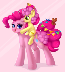 Size: 2298x2550 | Tagged: safe, artist:jennyberry, imported from derpibooru, li'l cheese, pinkie pie, earth pony, pony, season 9, the last problem, spoiler:s09, duo, family, female, fluffy, male, mother and child, mother and son, ponies riding ponies, ride, riding
