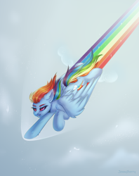 Size: 2776x3508 | Tagged: safe, artist:jennyberry, imported from derpibooru, rainbow dash, pegasus, pony, female, flying, mare, rainbow power, rainbow trail, solo, sound barrier, wing fluff