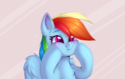 Size: 2058x1292 | Tagged: safe, artist:jennyberry, imported from derpibooru, rainbow dash, pegasus, pony, chest fluff, cute, dashabetes, dashface, ear fluff, female, fluffy, hooves, mane, mare, so awesome, solo, watermark, wings