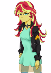 Size: 2894x4093 | Tagged: safe, artist:啊来来来来, imported from derpibooru, sunset shimmer, equestria girls, clothes, jacket, looking at you, simple background, solo, sunset shimmer is not amused, unamused, white background