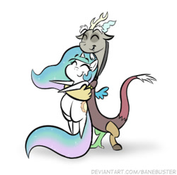 Size: 328x324 | Tagged: safe, artist:banebuster, imported from derpibooru, discord, princess celestia, alicorn, draconequus, pony, series:tiny tia, chibi, cute, cutelestia, discute, eyes closed, female, holding, holding a pony, hug, pointy ponies, simple background, smiling, white background