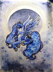 Size: 900x1226 | Tagged: source needed, safe, artist:weileash, imported from derpibooru, princess luna, alicorn, pony, female, jewelry, mare, solo, spread wings, traditional art, wings