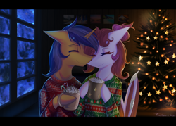 Size: 3764x2700 | Tagged: safe, artist:taleriko, imported from derpibooru, oc, oc only, oc:jade jump, oc:lunar spice, bat pony, pegasus, semi-anthro, unicorn, chocolate, christmas, christmas lights, christmas sweater, christmas tree, clothes, couple, food, holiday, hot chocolate, jadespice, lights, mug, new year, shipping, sweater, tree, window, winter