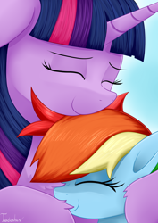 Size: 2480x3507 | Tagged: safe, artist:twidasher, imported from derpibooru, rainbow dash, twilight sparkle, pegasus, pony, chest fluff, duo, eyes closed, female, hug, lesbian, shipping, signature, smiling, twidash