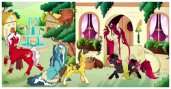 Size: 4600x2400 | Tagged: safe, artist:theblackcatstale, imported from derpibooru, oc, oc:blue moon, oc:honeybee, oc:mosaic molecule, oc:nighttide blush, oc:trembling spirit, pegasus, pony, unicorn, colored, colorful, equestria falls, gift art, group, horn, new friends, pegasus oc, unicorn oc, wings