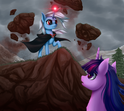 Size: 3000x2700 | Tagged: safe, artist:palibrik, imported from derpibooru, trixie, twilight sparkle, pony, unicorn, magic duel, alicorn amulet, duo, female, looking at each other, magic, mare, telekinesis