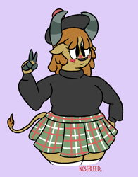 Size: 1220x1555 | Tagged: safe, artist:nosebleed, imported from derpibooru, oc, oc only, anthro, yak, blushing, clothes, ginger, kilt, kneesocks, oc name needed, original character do not steal, socks, solo, stockings, sweater, tartan, thick, thigh highs, thighs, tights, turtleneck