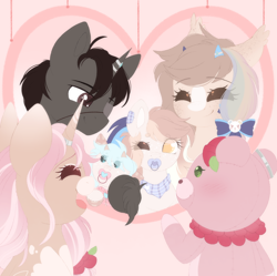 Size: 1956x1951 | Tagged: safe, artist:adostume, imported from derpibooru, oc, oc only, bat pony, pony, unicorn, baby, baby pony, blaze (coat marking), blushing, coat markings, eyepatch, eyes closed, facial markings, family, female, filly, happy, horns, male, mare, one eye closed, pacifier, simple background, smiling, snip (coat marking), stallion, wink