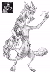 Size: 4429x6543 | Tagged: safe, artist:mirdal, imported from derpibooru, discord, parcel post, post haste, draconequus, earth pony, grayscale, mail, mailpony, monochrome, pencil drawing, postman's hat, scene interpretation, screencap reference, traditional art