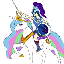 Size: 900x900 | Tagged: safe, artist:slamjam, imported from derpibooru, princess celestia, princess luna, horse, human, unicorn, armor, celestia is not amused, helmet, hoers, humanized, humans riding horses, implied transformation, princess celestia is a horse, raised hoof, riding, shield, spear, species swap, unamused, weapon