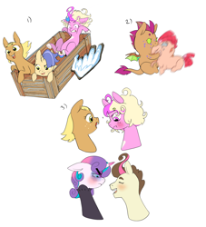 Size: 2046x2252 | Tagged: safe, artist:aztrial, imported from derpibooru, pound cake, princess flurry heart, oc, oc:bitterroot rose, oc:primp, oc:prink, oc:scallops, oc:sugar poppet, alicorn, dragon, hybrid, pegasus, unicorn, baby, blushing, bucktooth, hybrid oc, interspecies offspring, magical lesbian spawn, nom, offspring, older, older flurry heart, older pound cake, parent:apple bloom, parent:applejack, parent:diamond tiara, parent:princess cadance, parent:rarity, parent:scootaloo, parent:shining armor, parent:spike, parents:diamondbloom, parents:rarijack, parents:scootaspike, parents:shiningcadance, tsundere, younger