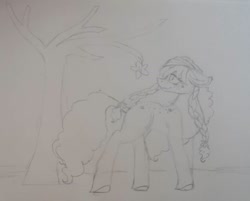 Size: 1080x870 | Tagged: safe, artist:rxndxm.artist, imported from derpibooru, oc, oc only, earth pony, pony, braid, earth pony oc, lineart, looking back, monochrome, outdoors, smiling, solo, traditional art, tree