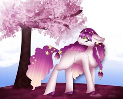 Size: 1080x871 | Tagged: safe, alternate version, artist:rxndxm.artist, imported from derpibooru, oc, oc only, earth pony, pony, braid, colored, earth pony oc, looking back, outdoors, smiling, solo, tree