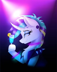 Size: 1080x1350 | Tagged: safe, artist:rxndxm.artist, imported from derpibooru, rarity, pony, unicorn, alternate hairstyle, bedroom eyes, bracelet, bust, chest fluff, clothes, cocktail, curved horn, eyelashes, female, glowstick, hoof hold, horn, jewelry, makeup, mare, necklace, punk, raripunk, smiling, solo