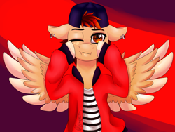 Size: 1600x1200 | Tagged: safe, artist:minelvi, imported from derpibooru, oc, oc only, pegasus, semi-anthro, abstract background, backwards ballcap, baseball cap, bust, cap, cheek squish, clothes, ear piercing, earring, hat, jewelry, makeup, one eye closed, pegasus oc, piercing, solo, spread wings, squishy cheeks, two toned wings, wings, wink