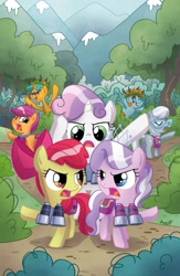 Size: 1102x1686 | Tagged: safe, artist:agnesgarbowska, idw, imported from derpibooru, apple bloom, diamond tiara, scootaloo, silver spoon, snails, snips, sweetie belle, earth pony, unicorn, spoiler:comic, spoiler:comic38, binoculars, comic, cover, cutie mark crusaders, forest, male, mountain
