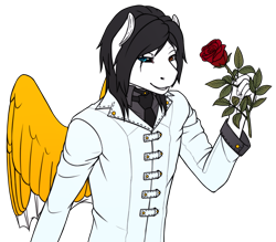 Size: 1167x1024 | Tagged: safe, artist:imreer, imported from derpibooru, oc, oc only, oc:richard, anthro, pegasus, clothes, eye scar, flower, heterochromia, male, pegasus oc, rose, scar, simple background, smiling, solo, transparent background, wings