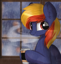 Size: 3647x3812 | Tagged: safe, artist:janelearts, imported from derpibooru, oc, oc only, pegasus, pony, coffee cup, commission, cup, female, mare, present, rain, solo, window