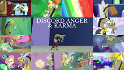 Size: 1978x1113 | Tagged: safe, edit, edited screencap, editor:quoterific, imported from derpibooru, screencap, discord, fluttershy, princess cadance, twilight sparkle, alicorn, draconequus, tatzlwurm, keep calm and flutter on, the ending of the end, the return of harmony, three's a crowd, to where and back again, twilight's kingdom, what about discord?, chaos magic, force field, male, paper bag, twilight sparkle (alicorn)