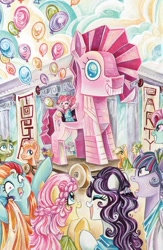 Size: 1098x1686 | Tagged: safe, artist:sararichard, idw, imported from derpibooru, applejack, fluttershy, pinkie pie, rainbow dash, rarity, twilight sparkle, alicorn, pony, spoiler:comic, spoiler:comic51, spoiler:comic52, balloon, cassandra, cassandra (mythology), clothes, cover, faic, greek, greek clothes, greek mythology, laocoon, mane six, reference, the iliad, toga, toga party, trojan horse, trojan pinkie, trojan pony, tunic, twilight sparkle (alicorn)