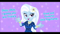 Size: 1280x720 | Tagged: safe, artist:rileyav, edit, editor:grapefruitface, imported from derpibooru, trixie, equestria girls, ai assisted, ai content, aivo, animated, bracelet, clothes, dress, fifteen.ai, jewelry, looking at you, meme, my little pogchamp, pogchamp, sound, talking to viewer, webm
