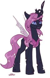 Size: 1147x1775 | Tagged: safe, artist:kotya, imported from derpibooru, oc, oc only, oc:queen medley, changeling, changeling queen, pony, changeling oc, changeling queen oc, fangs, female, full body, purple changeling, quadrupedal, simple background, smiling, smiling at you, solo, white background, wings, zoomorphic