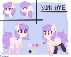 Size: 3500x2800 | Tagged: safe, artist:drawalaverr, imported from derpibooru, oc, oc:suni hye, earth pony, pony, bell, clothes, expressions, female, jewelry, mare, mask, necklace, reference, reference sheet, smiling, socks, solo