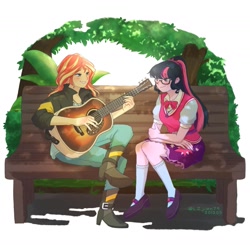 Size: 1409x1380 | Tagged: safe, artist:lzjian79, imported from derpibooru, sci-twi, sunset shimmer, twilight sparkle, equestria girls, female, glasses, guitar, lesbian, musical instrument, scitwishimmer, shipping, sitting, sunsetsparkle