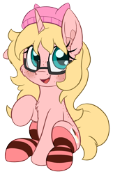 Size: 1100x1700 | Tagged: safe, artist:litrojia, derpibooru exclusive, imported from derpibooru, oc, oc only, oc:mille feuille, pony, unicorn, derpibooru community collaboration, 2021 community collab, back freckles, blushing, cheek fluff, chest fluff, chubby, clothes, ear fluff, female, floppy ears, freckles, glasses, hat, looking at you, mare, one ear down, open mouth, raised hoof, simple background, sitting, smiling, socks, solo, striped socks, transparent background